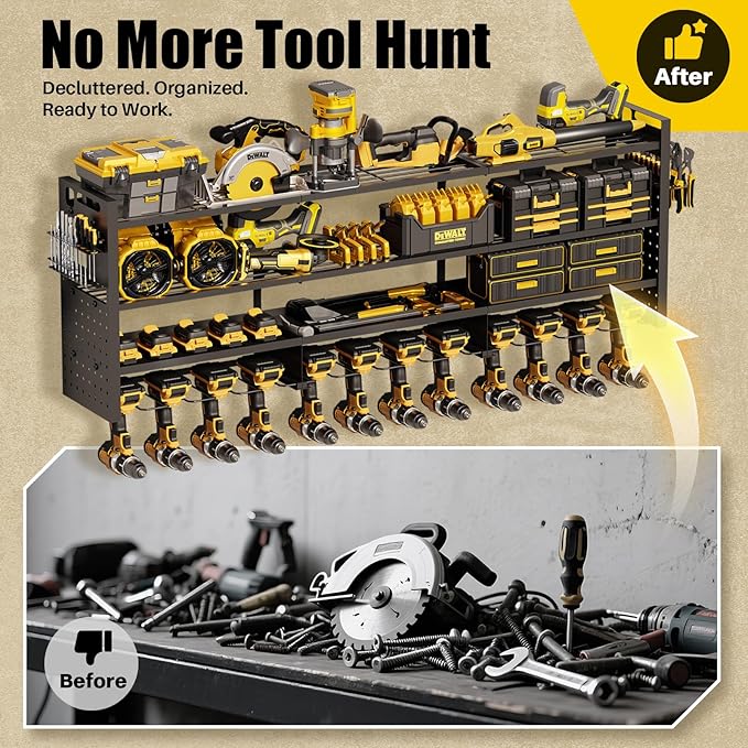 Large 49''W Power Tool Organizer Wall Mount | 620lbs Garage Storage Rack with 12 Cordless Drill Holder | 4-Tier Heavy Duty Ut