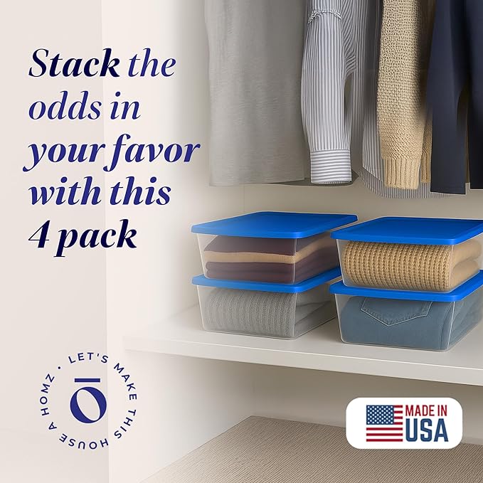 HOMZ 4-Pack Snaplock, Small Clear Plastic Storage Organizer Bins w/Lids, 12 Quart, Blue - Stackable Container Boxes for Bedro