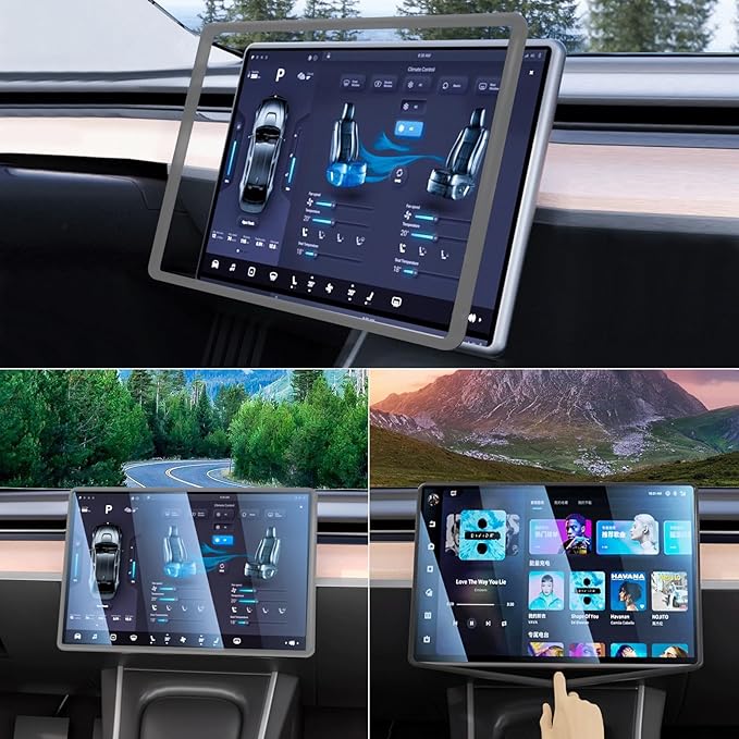 2PCS Protector Trim Frame Compatible with Tesla Model 3 Y 2020-2024 2025 2026 Screen Edge Frame Rearview Mirror Cover Interior Decorations Center Console Decor Highland Juniper Accessories Set (Gray)