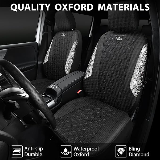 CAR PASS Oxford Bling Diamond Car Seat Covers 2 Front Interior Sets, Waterproof Shining Glitter Sparkly Crystal Universal Arm