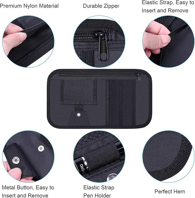 Car Sun Visor Organizer, Wisdompro Vehicle Interior Accessories Storage Pouch Auto Registration Holder with Elastic Strap for Sunglass, Documents, Cards, Pen, Drivers License, etc. (Black)