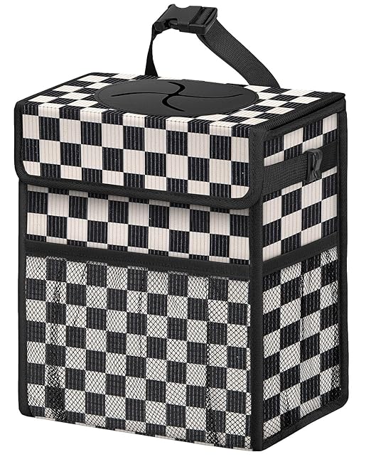 Corduroy Car Trash Can with Lid and Mesh Pockets - Leakproof Organizer,Multipurpose Waterproof Garbage Can/Trash Bin for Car(Black and White Check-2 Gallons)