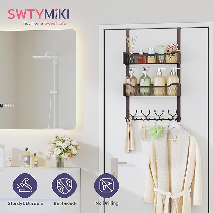 SWTYMIKI Over The Door Hooks Organizer - Multi-Functional Door Hanger with 16 Hooks & 2 Mesh Baskets, Long Coat Rack for Bath