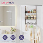 SWTYMIKI Over The Door Hooks Organizer - Multi-Functional Door Hanger with 16 Hooks & 2 Mesh Baskets, Long Coat Rack for Bath