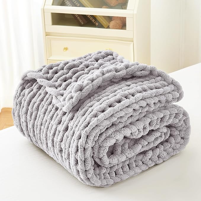 Admitrack Chunky Knit Blanket Throw, 100% Hand Knit Chenille Throw Blanket for Sofa & Home Decor, Soft and Cozy Knitted Throw
