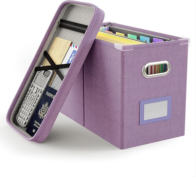 Oterri File Organizer with Lid, Hanging Filing Box with Mesh Pocket, Document Organizer for Letter Files, Portable Storage Bo