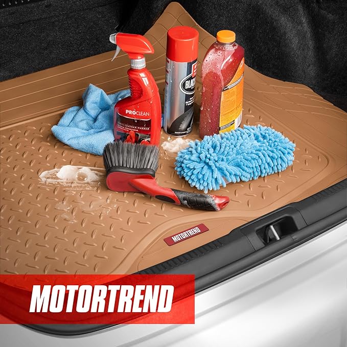 Motor Trend FlexTough Performance All Weather Rubber Car Floor Mats with Cargo Liner - Full Set Front & Rear Floor Mats for Cars Truck SUV, Automotive Floor Mats (Beige)