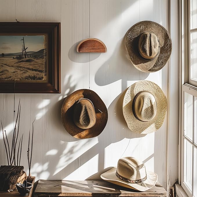 2-Pack Wall-Mounted Wooden Hat Rack| Non-Damage Brim Design Keeps Hat Shape | Wooden Holder with Satin Finish Hooks | Western
