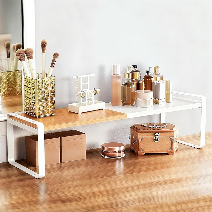 Expandable Cabinet Shelf Organizer & Spice Rack, Stackable Kitchen Counter Riser with Anti-Slip Legs, Bamboo Cupboard Storage