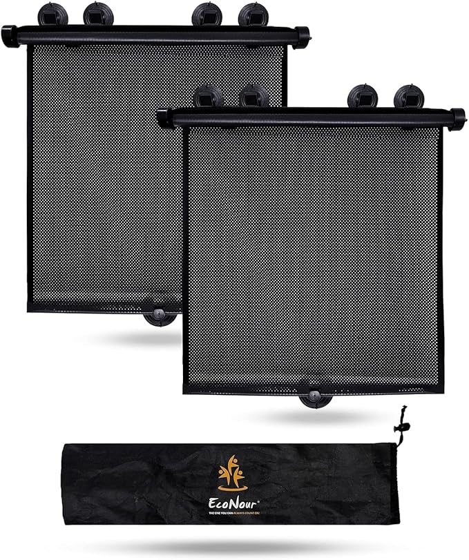 EcoNour Car Window Covers for Baby (2 Pack) | Retractable Car Window Shades for Protecting Kids, Passengers & Pets from Harmful Sun Rays | Window Sun Shade for Trucks, SUVs | (22”x24”)