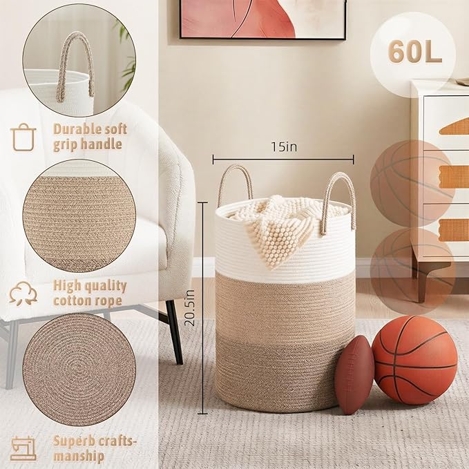 Artfeel Laundry Basket,Woven Cotton Rope Laundry Hamper,60L for Decorative Storage of Dirty Clothes,Toys and Blankets in Bath