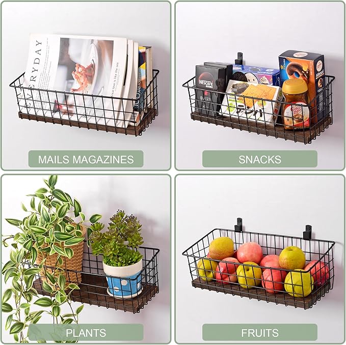 Wall Hanging Baskets 3 Pack, Diversified Wire Basket Shelves of Wooden Style, with Wall Mounted Hooks & Traceless Stickers, f