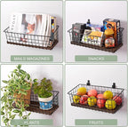Wall Hanging Baskets 3 Pack, Diversified Wire Basket Shelves of Wooden Style, with Wall Mounted Hooks & Traceless Stickers, f