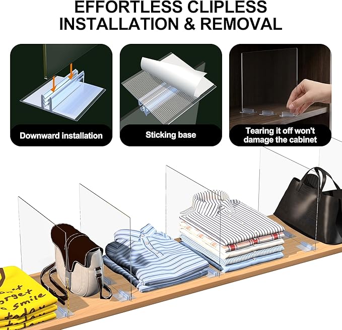 Acrylic Shelf Dividers for Closet Organization: Clear Removable 10/11.8" Tall X 11.8/10" Deep Clipless Separators 6 Pack for 
