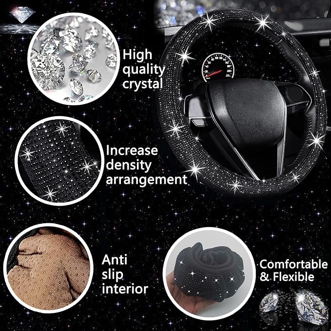 NBTEPEM 27 PCs Black Bling Car Accessories Set for Women, Steering Wheel Covers Universal Fit 15 Inch, Bling License Plate Frame, Bling Phone Holder, Bling Car Coasters (Black Diamond)