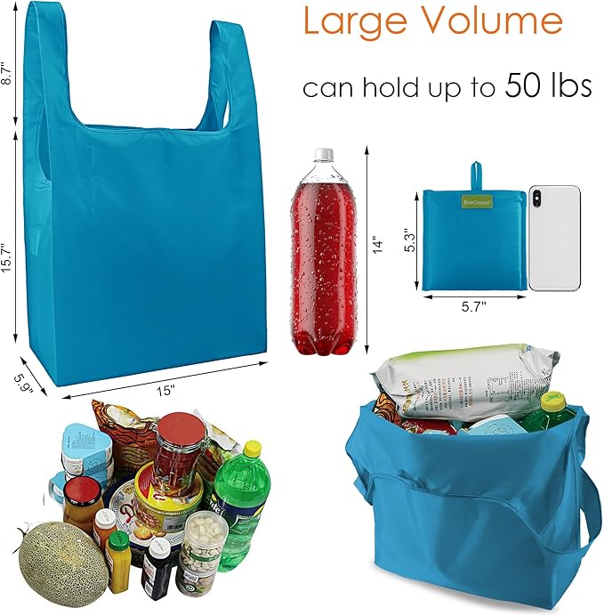 BeeGreen Reusable Shopping Bags Foldable-Machine Washable with Zipper Storage Pouch, 20 Pieces