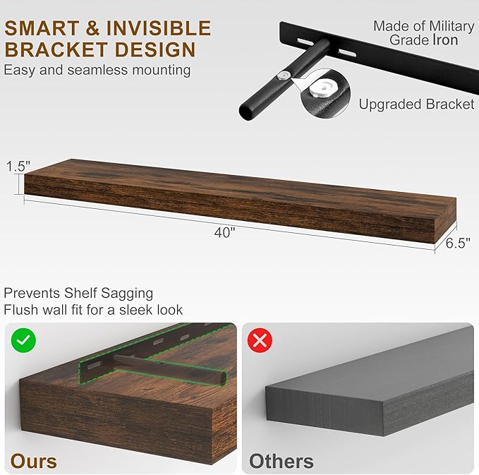 Fun Memories Floating Shelves for Wall, 40Inch Floating Shelves Set of 2, Hanging Shelf with Invisible Brackets, Wood Shelves
