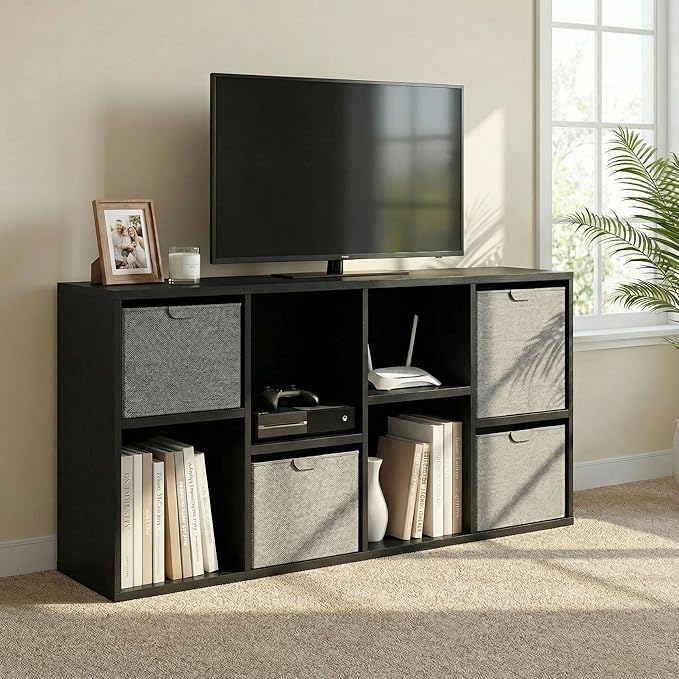 YESHOMY 8-Cube Storage Organizer, 2-Tier Black Bookshelf Open Frame, Modern Bookcase Display Shelf with Adjustable Shelves fo
