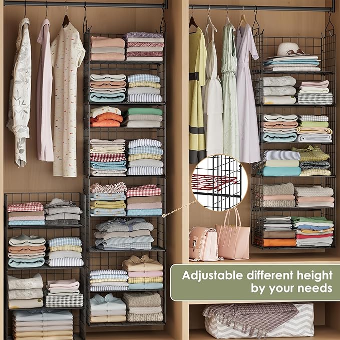 Hanging Closet Organizer and Storage - 8 Tier Closet Hanging Organizer Shelves, Metal & Foldable Hanging Storage Organizer Ba