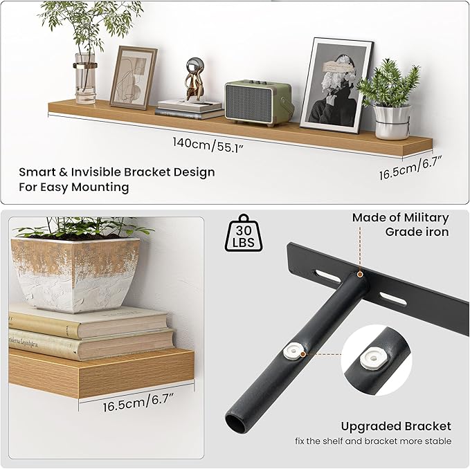 Heimlove 55 Inch Floating Shelves for Wall,Extra Long Mounted Storage Wall Shelves with Invisible Metal Bracket for Bedroom L