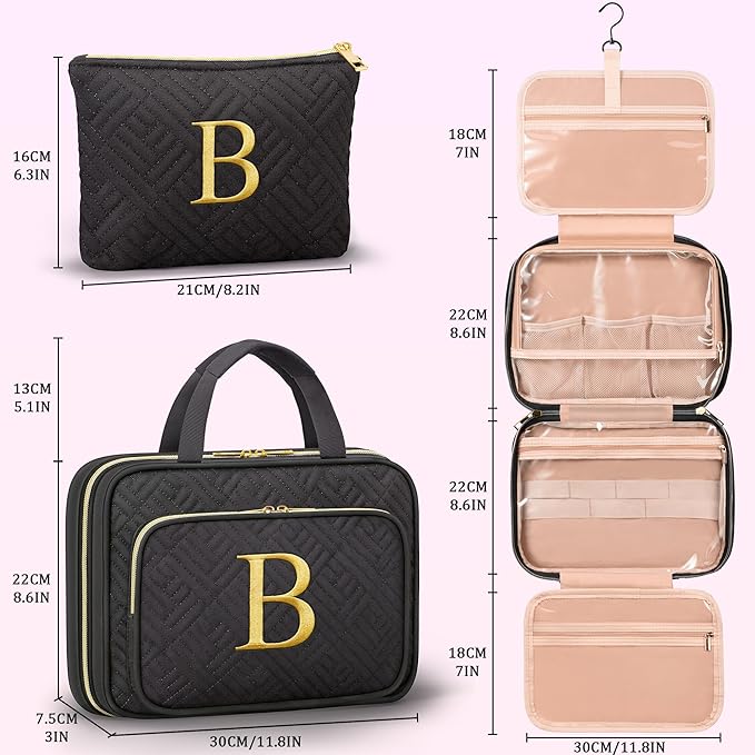 Gifts for Women, Initial Toiletry Makeup Bag Hanging Cosmetic Organizer with Embroidery Letter Personalized Nurse Teacher App