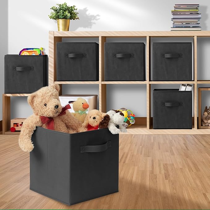Casafield Set of 6 Collapsible Fabric Cube Storage Bins, Black - 11" Foldable Cloth Baskets for Shelves, Cubby Organizers & M