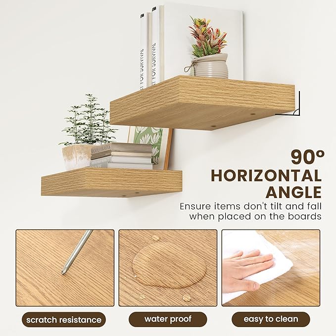 12 Inch Deep Floating Shelves | 16 Inch Oak Floating Shelves Set of 2 | 16W x 12D Rustic Shelves for Wall | Deep Wood Shelves