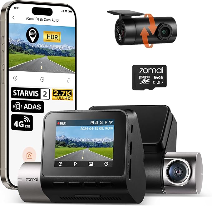 70mai Dash Cam Front and Rear A510,1944P+1080P with STARVIS 2 IMX675 and 64GB Card, Dash Camera for Cars, 4G LTE Support, ADA