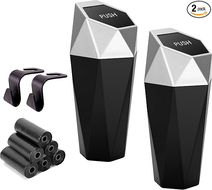 Ginsco Car Trash Can Cup Holder, 2 Pack Mini Car Trash Can with Lid, Car Accessories for Interior, Leakproof Small Trash Cup for Car, Home with Additional 2 ABS Hooks and 90pcs Trash Bags Silver