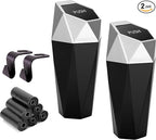Ginsco Car Trash Can Cup Holder, 2 Pack Mini Car Trash Can with Lid, Car Accessories for Interior, Leakproof Small Trash Cup for Car, Home with Additional 2 ABS Hooks and 90pcs Trash Bags Silver