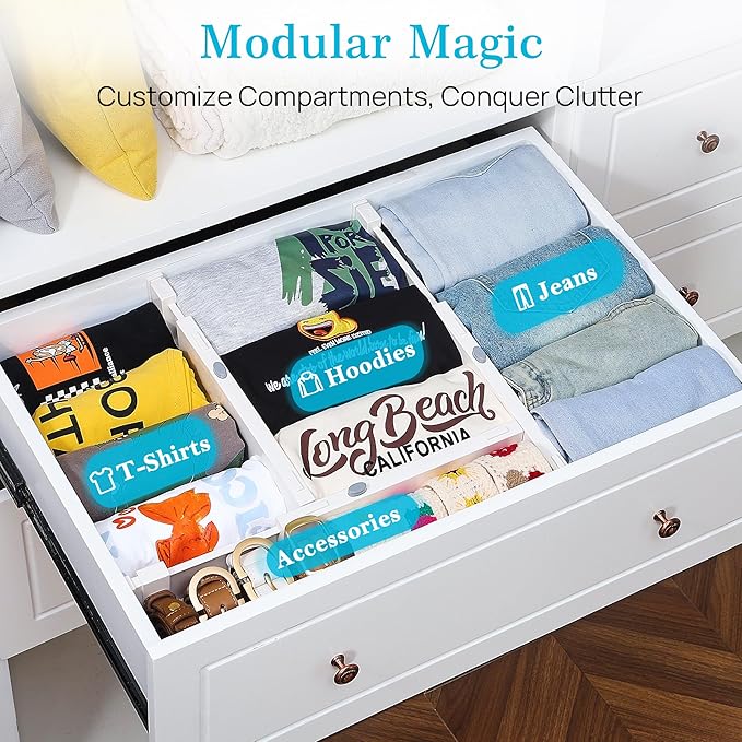Vtopmart 6 Pack Drawer Dividers for Clothes, 4" High 11.3"-17" Adjustable Expandable Dresser Drawer Organizer, Plastic Drawer