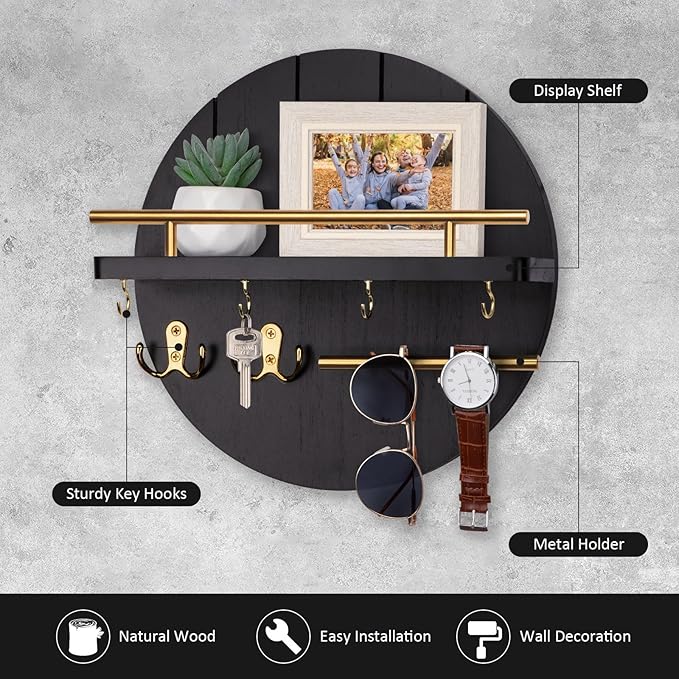 Nekon Wall Mount Key Holder, 11.8 Inch Rack With Shelf and 6 Hooks, Rustic Mail Organizer, Circular Wooden Hanger for Entrywa