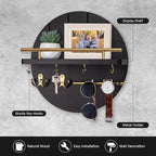 Nekon Wall Mount Key Holder, 11.8 Inch Rack With Shelf and 6 Hooks, Rustic Mail Organizer, Circular Wooden Hanger for Entrywa