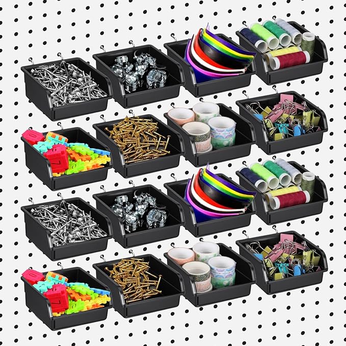 16 Pcs Black Pegboard Bins with Metal Hooks, Heavy Duty Plastic Storage Organizer, Pegboard Tools Organizer for Garage, Works