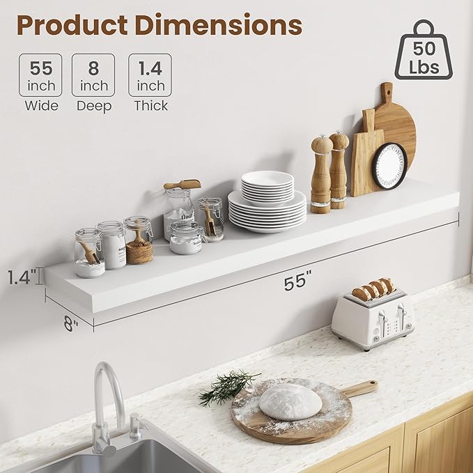 55 Inch Floating Shelves for Wall, 8 Inch Deep Floating Shelf for Storage & Display, Rustic Wall Mounted Shelf with Invisible