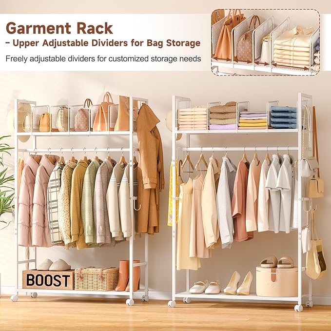 Portable Clothes Rack with Adjustable Shelf Divider, Freestanding Closet Organizers and Storage, Garment Rack and Purse Stora