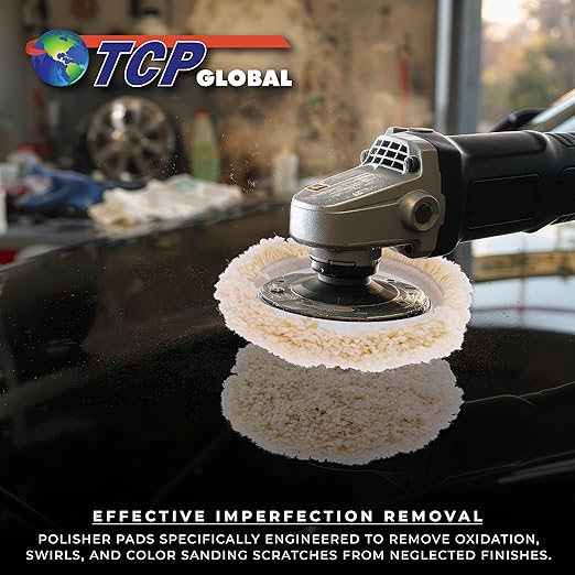 TCP Global 6" 100% Wool Polishing & Buffing Pad (2 Pack) with Hook and Loop Backing - Wool Buffing Pad for Automotive, Marine, Truck, RV & Compound Cutting