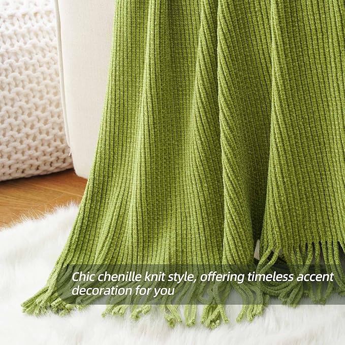 BATTILO HOME Apple Green Throw Blanket for Couch, Soft Chenille Knit Throws with Tassels for Home Decor, Spring Green Throws 