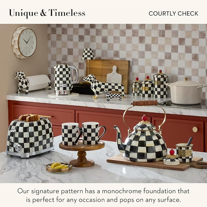 MACKENZIE-CHILDS Glass Lazy Susan, Cute Rotating Serving Board, Black-and-White Courtly Check
