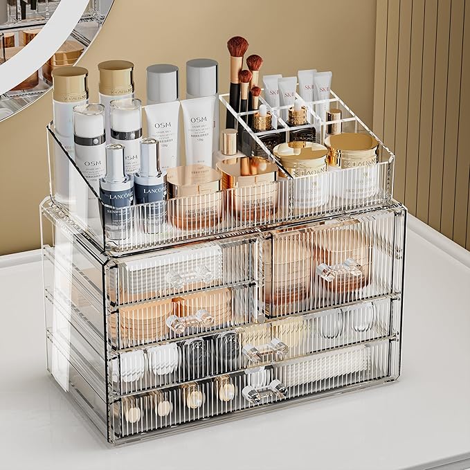 ZHIAI Stackable Storage Drawers, Acrylic Bathroom Counter Organizer Clear Makeup Organizers for Vanity, Kitchen Cabinets, Bat