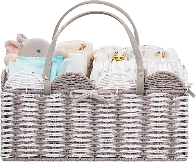 HBlife Large Baby Diaper Caddy, Paper Rope Storage Baskets Nursery Bin with Removable Divider, Portable Car Organizer for Dia