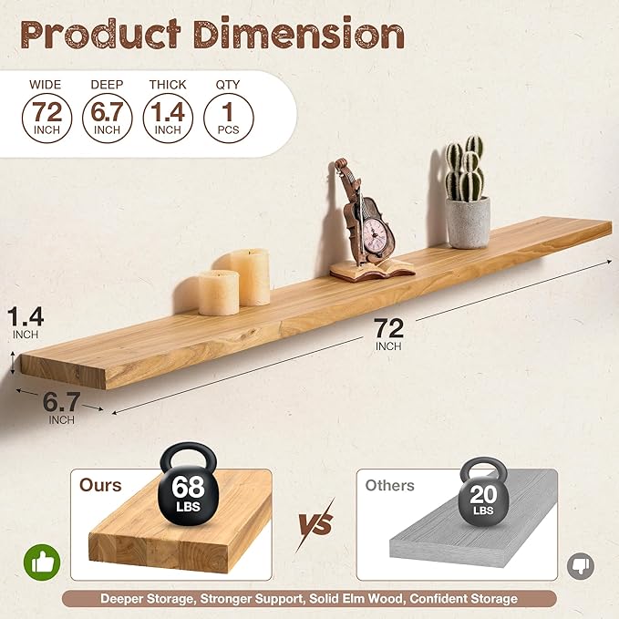fuqing Floating Shelves for Wall, 72 inch Rustic Solid Elm Wood Floating Shelves, Wooden Wall Shelves with Invisible Heavy Du
