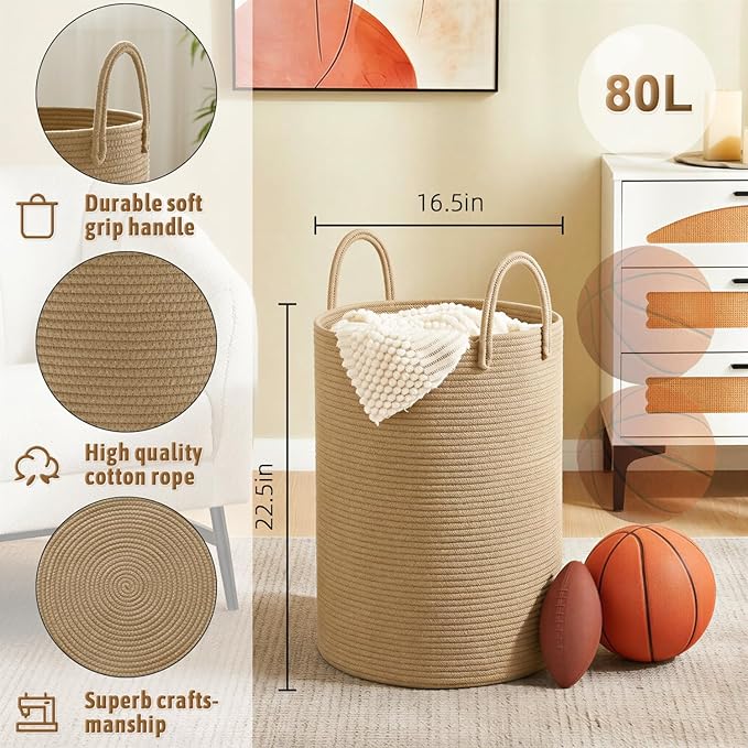 Artfeel Laundry Basket,Woven Cotton Rope Laundry Hamper,80L for Decorative Storage of Dirty Clothes,Toys and Blankets in Bath