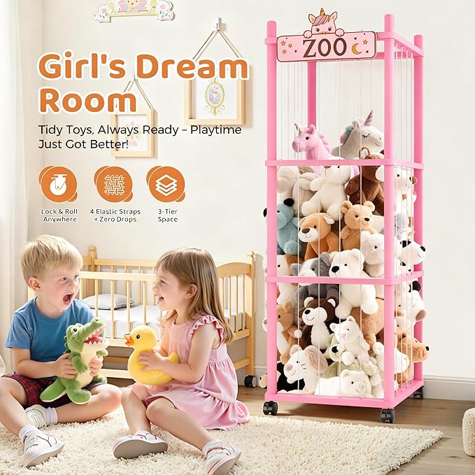 Stuffed Animal Storage Zoo Tower,56In Wooden Large Stuffed Animal Holder Organizer with Wheels,Stuffy Plushies Storage with E
