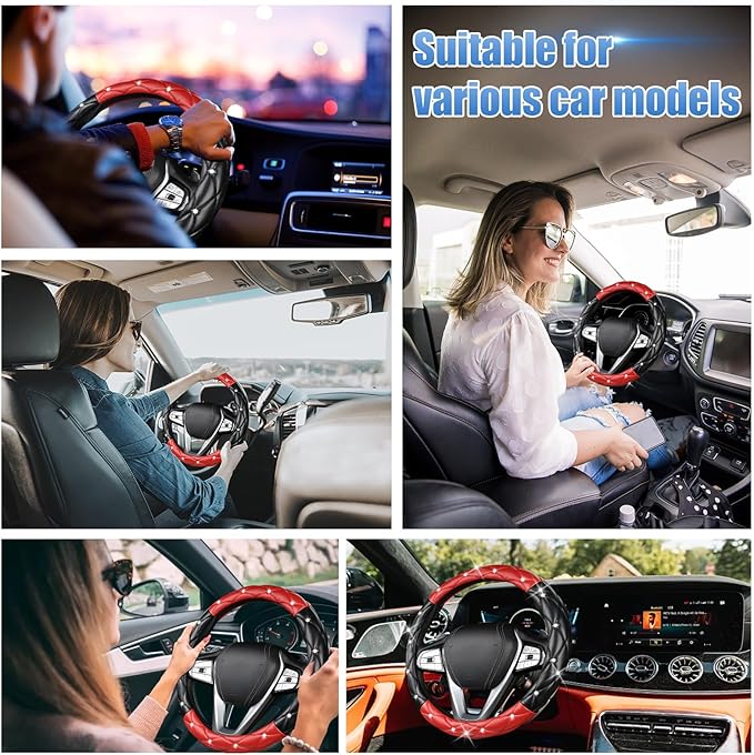 SuperKaKa Black and Red Steering Wheel Cover, Auto Diamond Style Cute Bling Comfort Car Interior Accessories Protector Sparkl