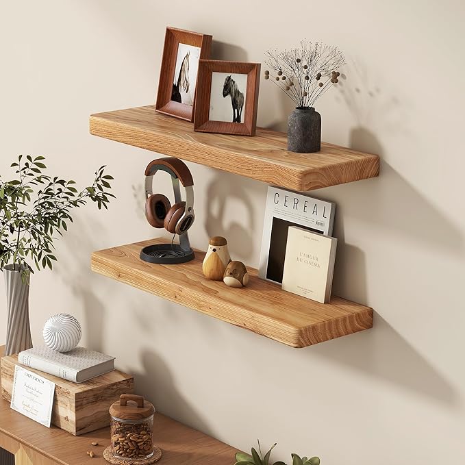 Fun Memories 24 Inch Floating Shelves, Solid Elm Wood Wall Shelf for Home Decor, Rustic Bathroom Shelves Set of 2, Heavy-Duty