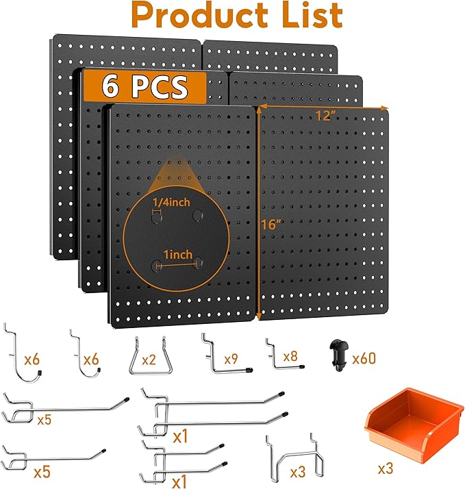 Peg Board, 112PCS Heavy Duty Metal Pegboard with Hooks, 6 Pack Black Peg Board Panels, 60lbs Load Capacity Each, Pegboard Wal