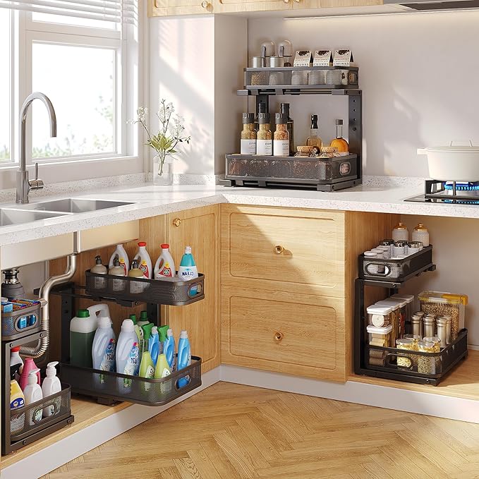 2 Pack 15.7IN-Depth Under Sink Organizer With Smooth Cylindrical Rail,2-Tier Pull Out Multi-Purpose Cabinet Storage for Bathr