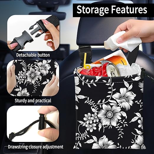 Car Trash Bag Large Hanging Can for Back of Seat, Cute Waterproof Car Garbage Bag for Vehicle, Travelling, Outdoor Beautiful Black White Floral