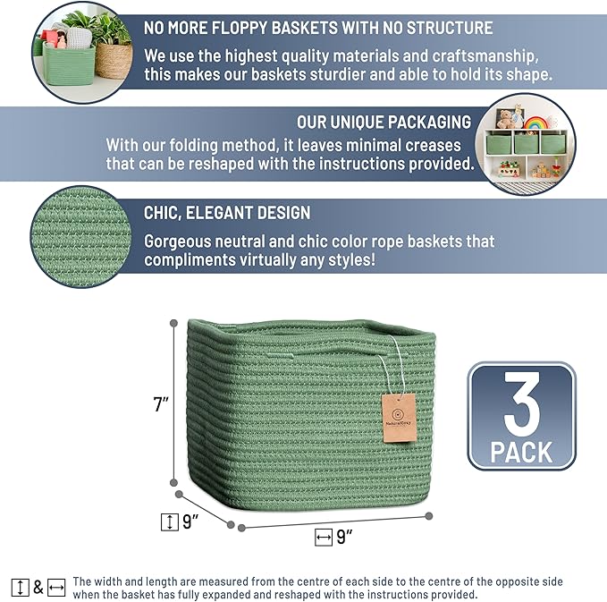 NaturalCozy Storage Cubes 9”x9”x7”Cotton Rope Woven Baskets for Organizing 3-Pack | 9 Inch Cube Storage Bin | Small Basket fo